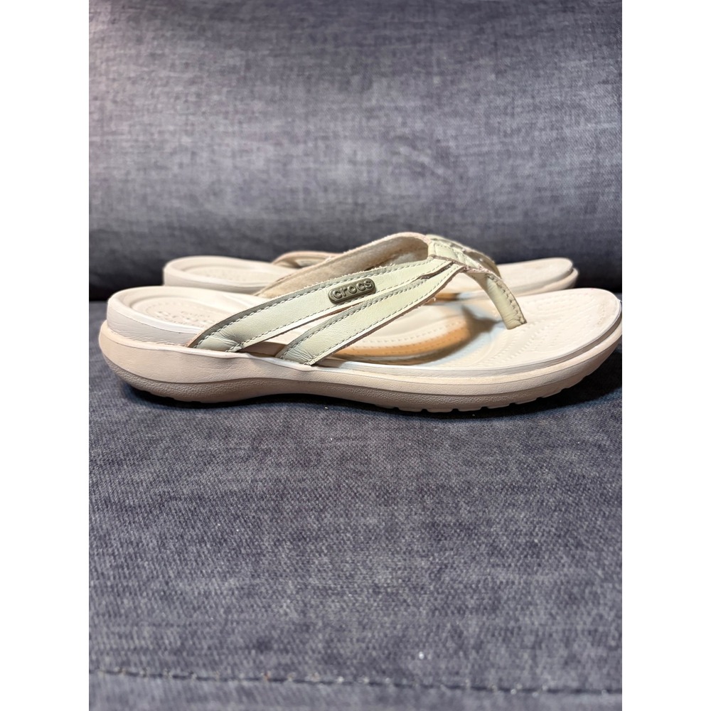 Crocs Capri V double strap Womens size 6 khaki Beige Flip Flops Comfort sandals